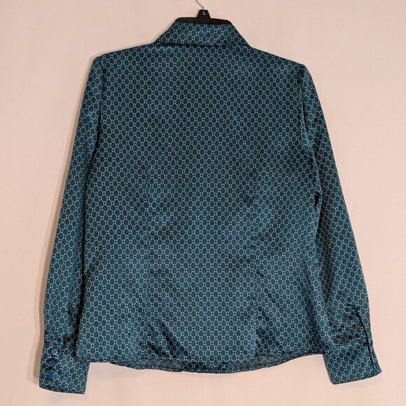 EAST 5TH Teal Satin Long Sleeve Collared Button Blouse; Size 10 - Picture 3 of 5